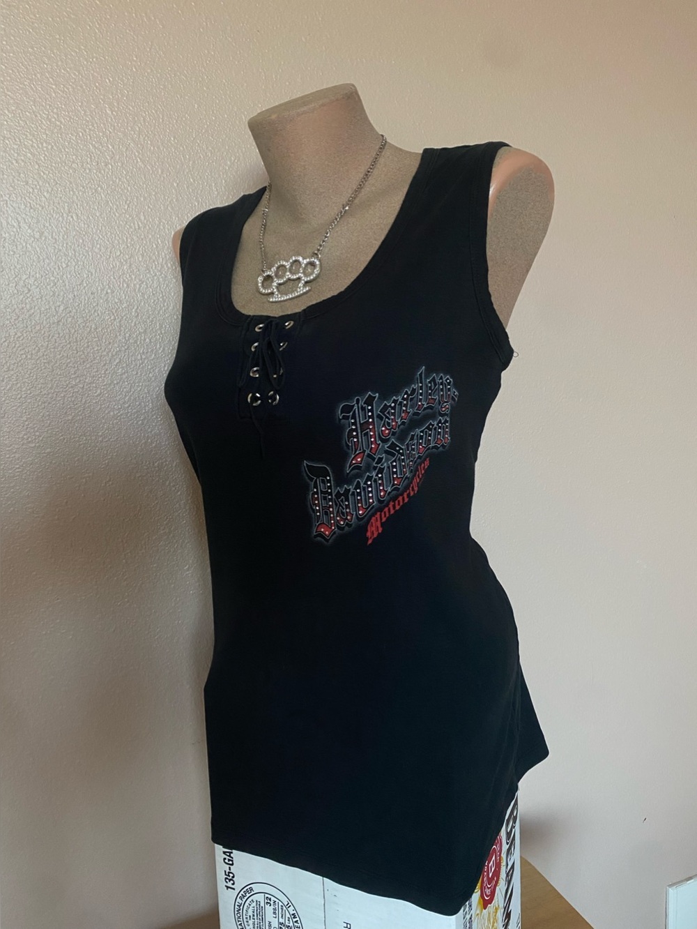 Y2k Harley Davidson Black & Red Lace Up Grizzly Tank Top with Rhinestones